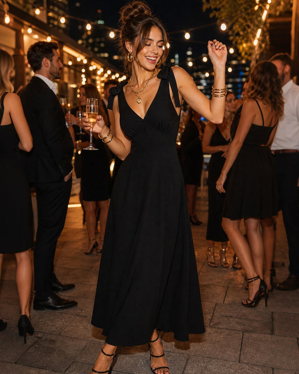 Black A-Line Maxi Dress with Tie Straps