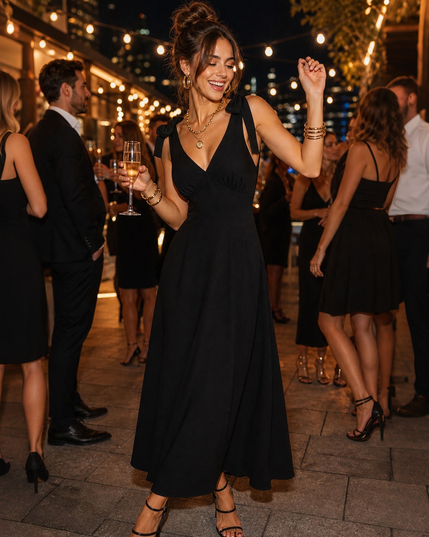 Black A-Line Maxi Dress with Tie Straps