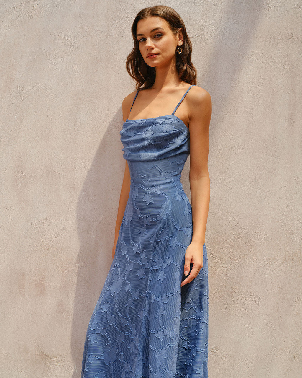 Ruched Maxi Dress in Blue Jacquard