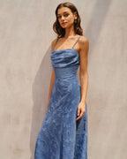 Ruched Maxi Dress in Blue Jacquard