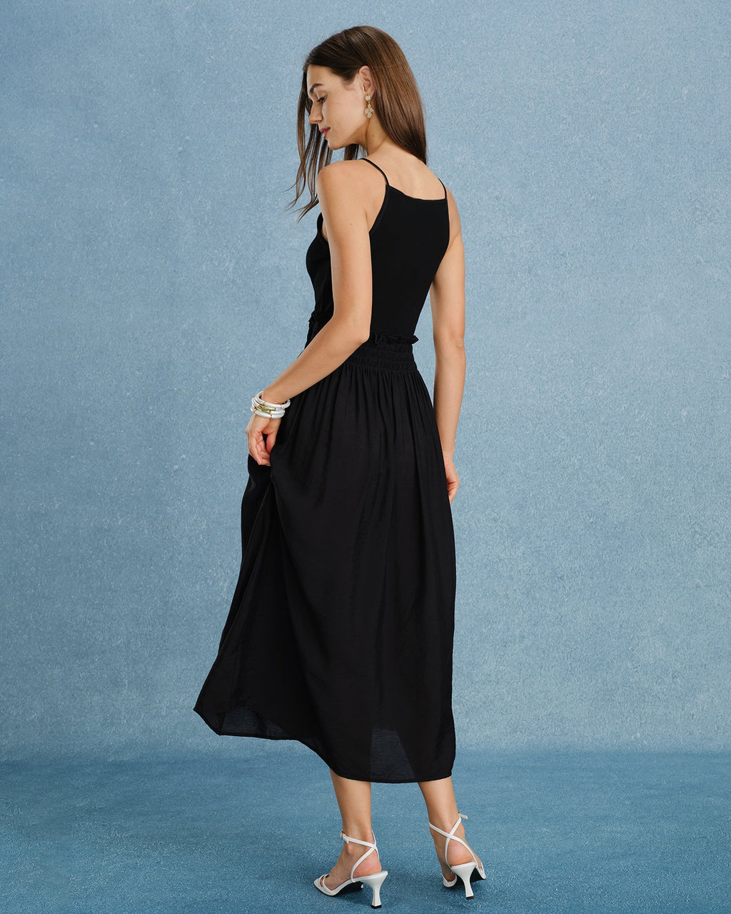 Black Ruched Maxi Dress with Spliced Details