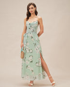 Floral Maxi Dress with Green Cowl Neck