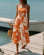 Maxi Dress with A-Line Silhouette and Orange Floral Print