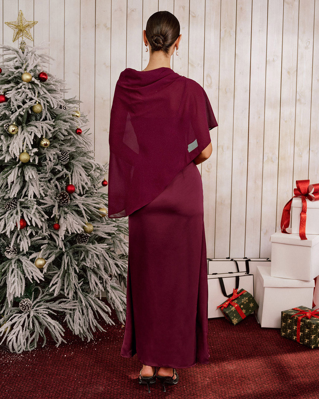 Maxi Dress in Wine Red with Shawl