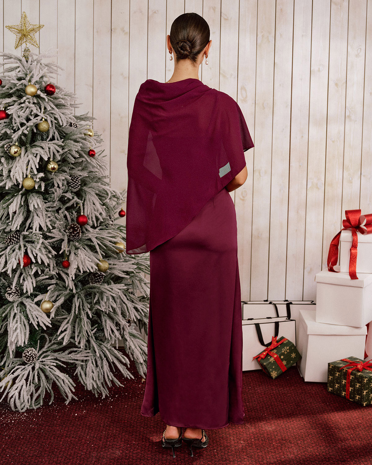 Maxi Dress in Wine Red with Shawl