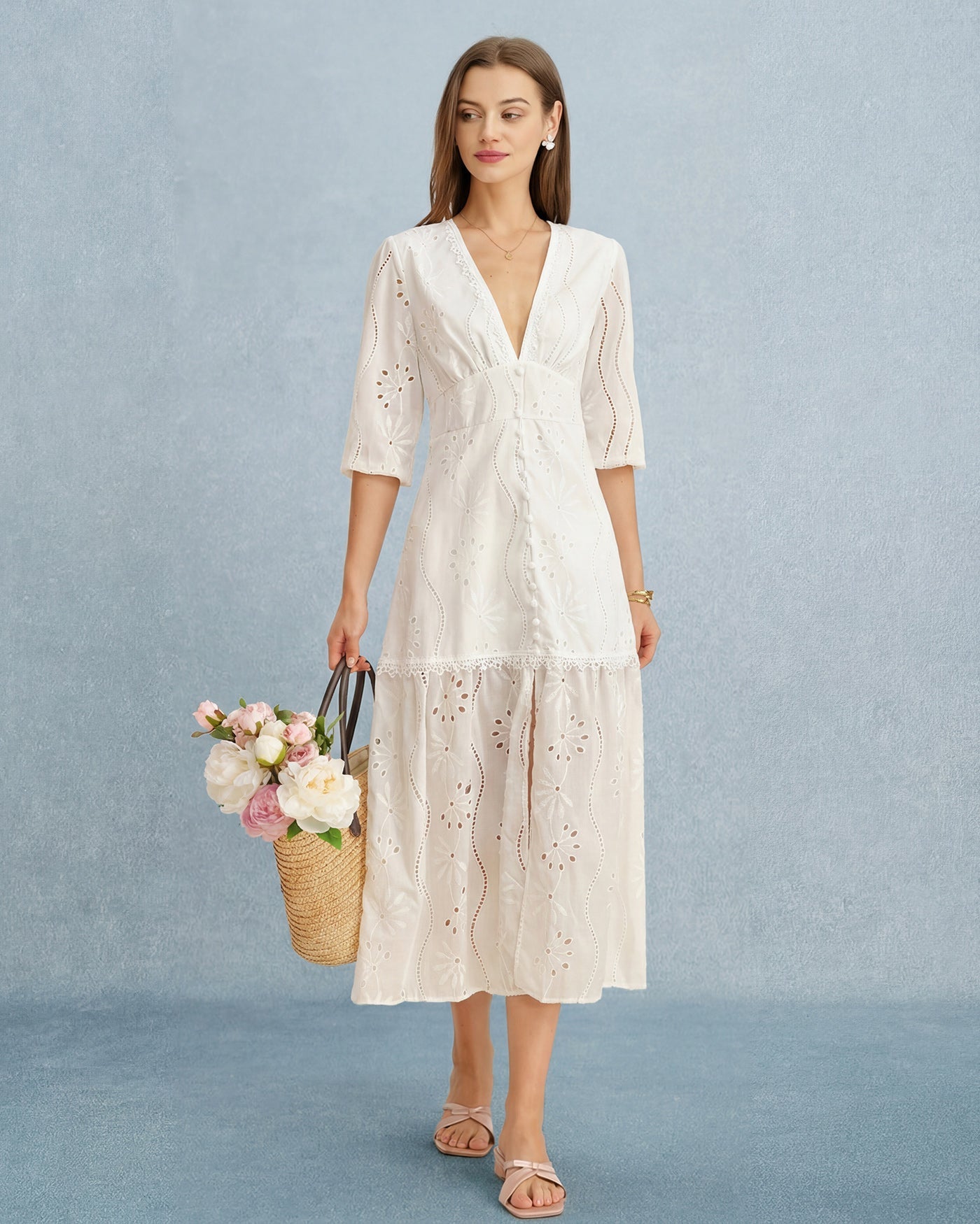 White V-Neck Cutout Maxi Dress