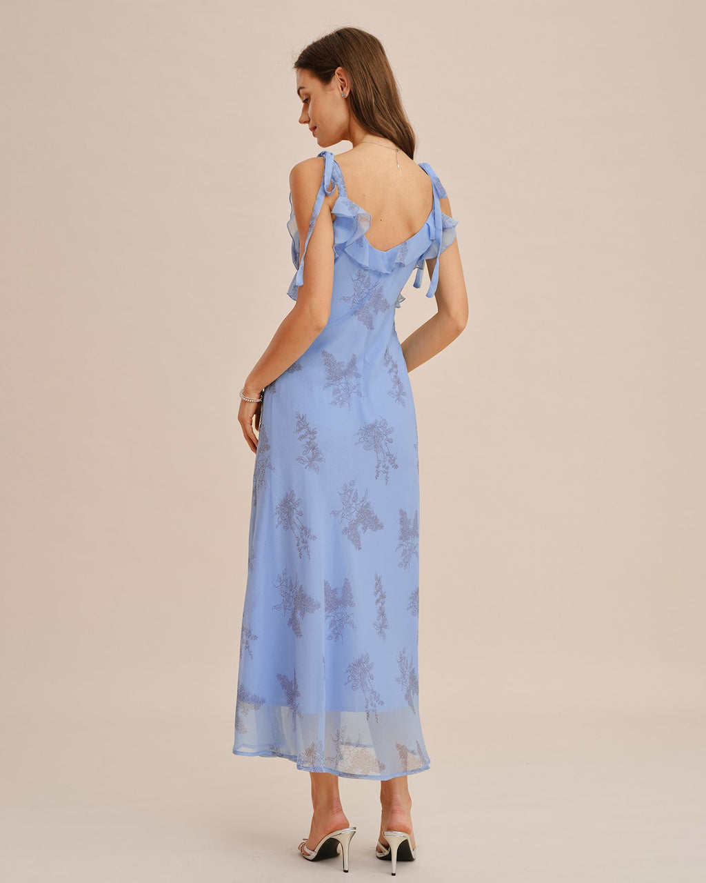Maxi Dress with Blue Floral Print and Ruffled Tie Straps