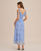 Maxi Dress with Blue Floral Print and Ruffled Tie Straps