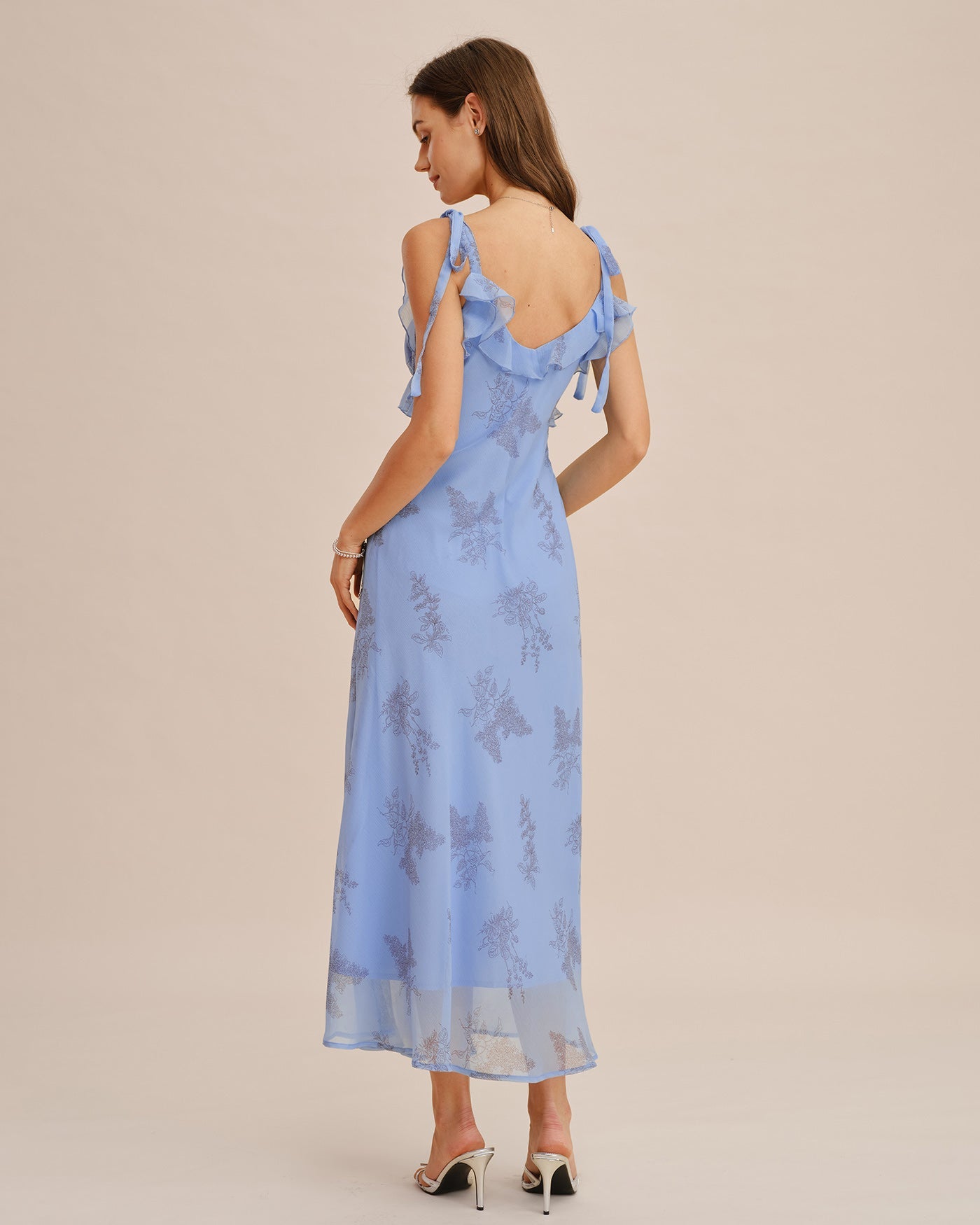 Maxi Dress with Blue Floral Print and Ruffled Tie Straps
