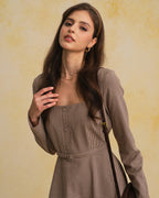 Brown Gingham Maxi Dress with Square Neck and Belt