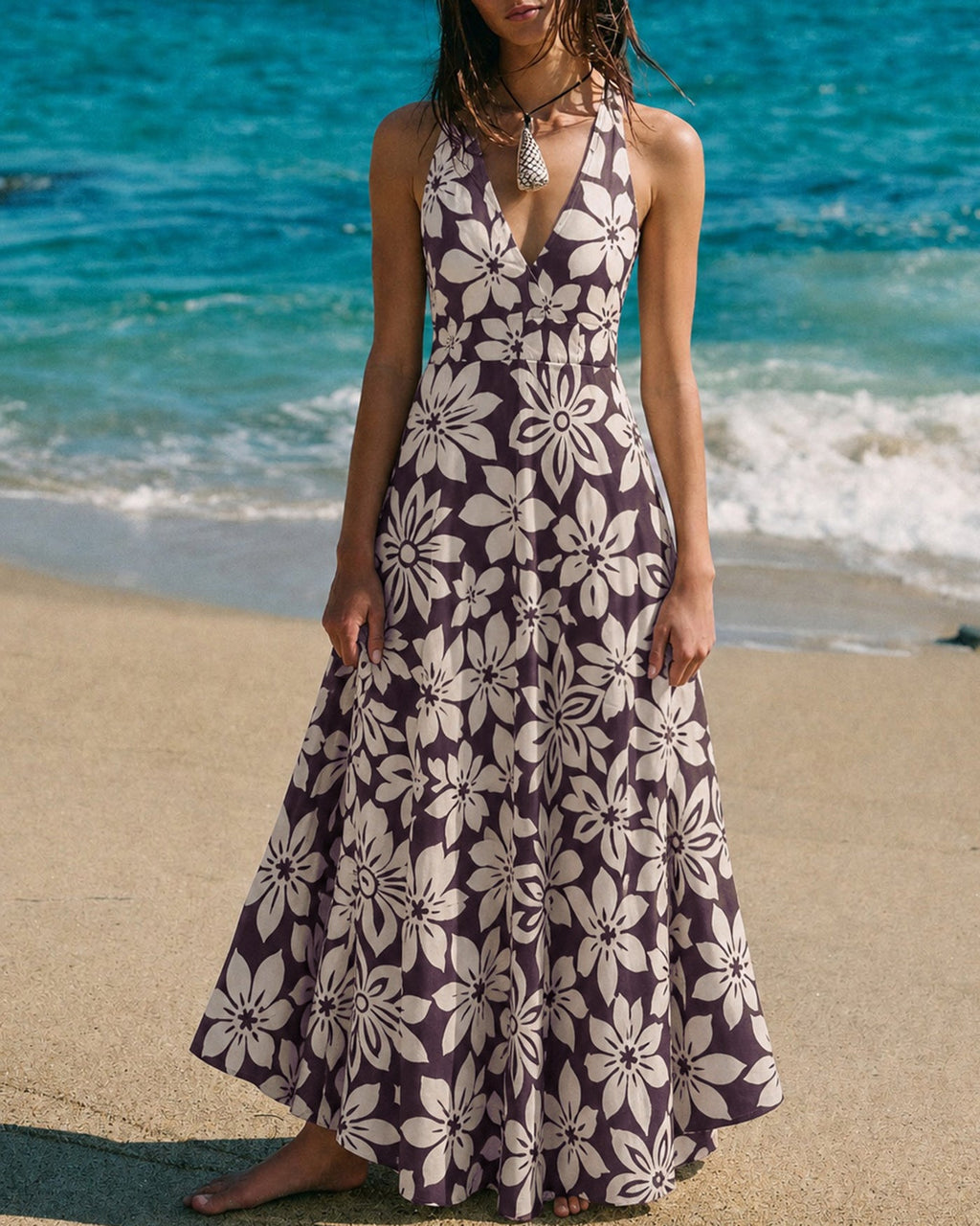 Floral Maxi Dress with Shirred Halter Neck in Coffee