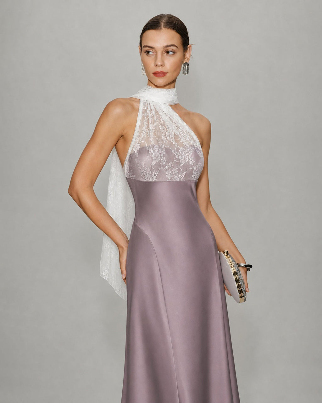 Maxi Dress with One Shoulder and Lace Detail in Pink
