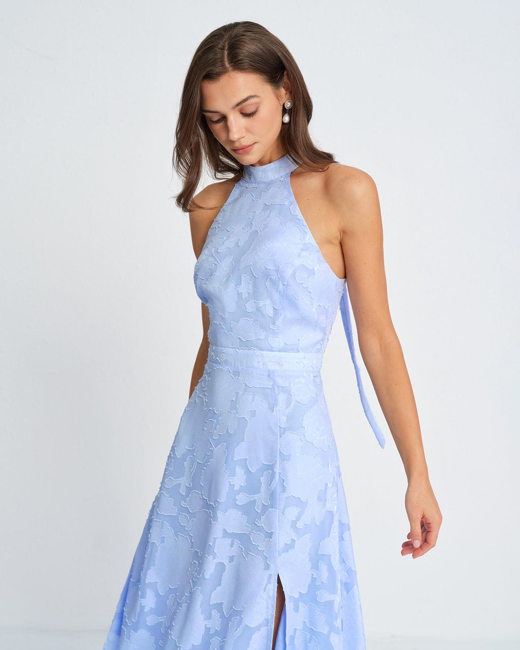 Blue Jacquard Maxi Dress with Mock Neck