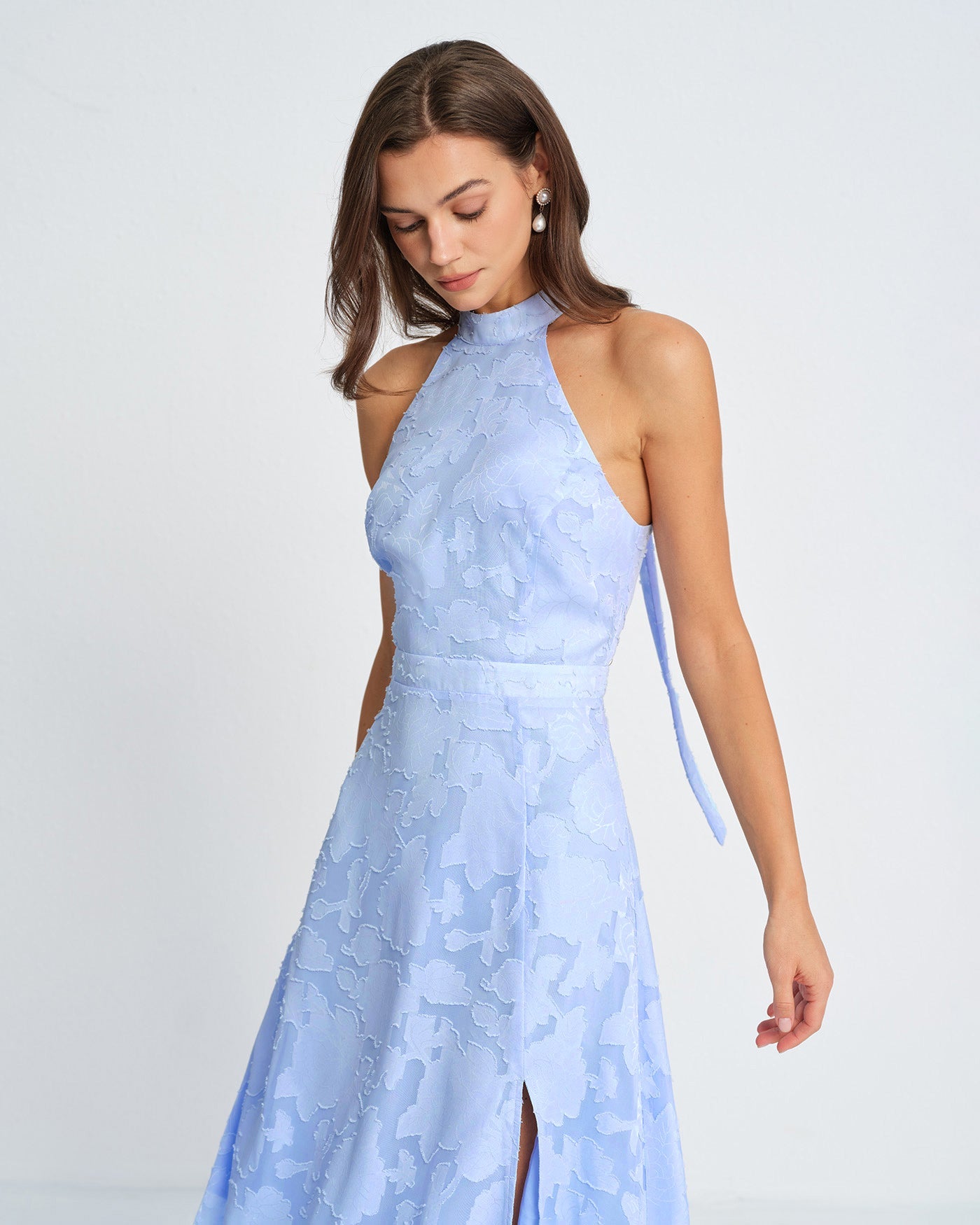 Blue Jacquard Maxi Dress with Mock Neck