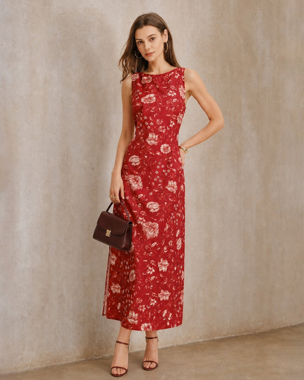 Floral Slit Maxi Dress with Red Boat Neck