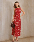 Floral Slit Maxi Dress with Red Boat Neck
