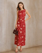 Floral Slit Maxi Dress with Red Boat Neck