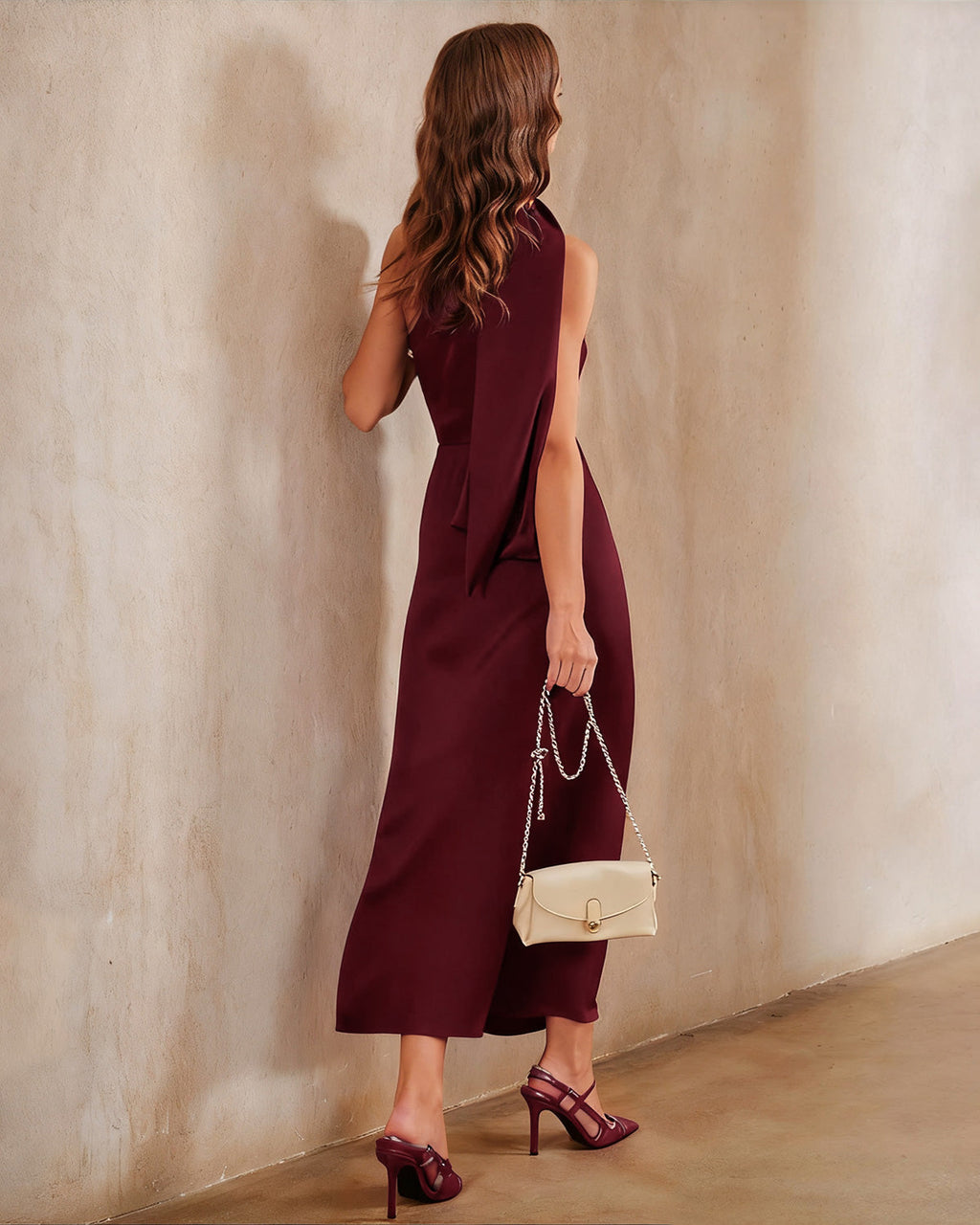 Wine Red Satin One-Shoulder Maxi Gown