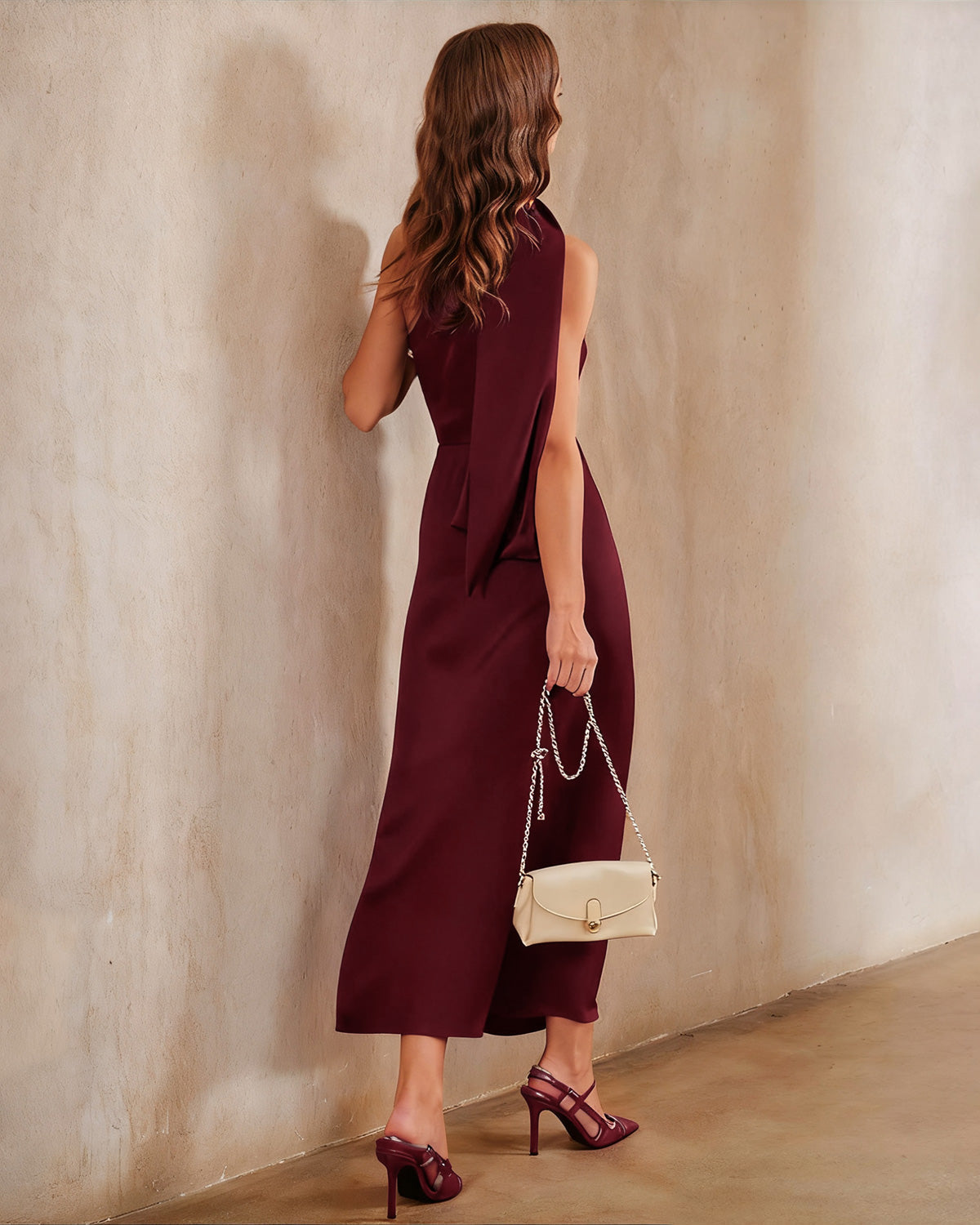 Wine Red Satin One-Shoulder Maxi Gown