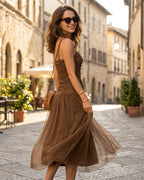 Brown Ruched Mesh Maxi Dress with Slip Design