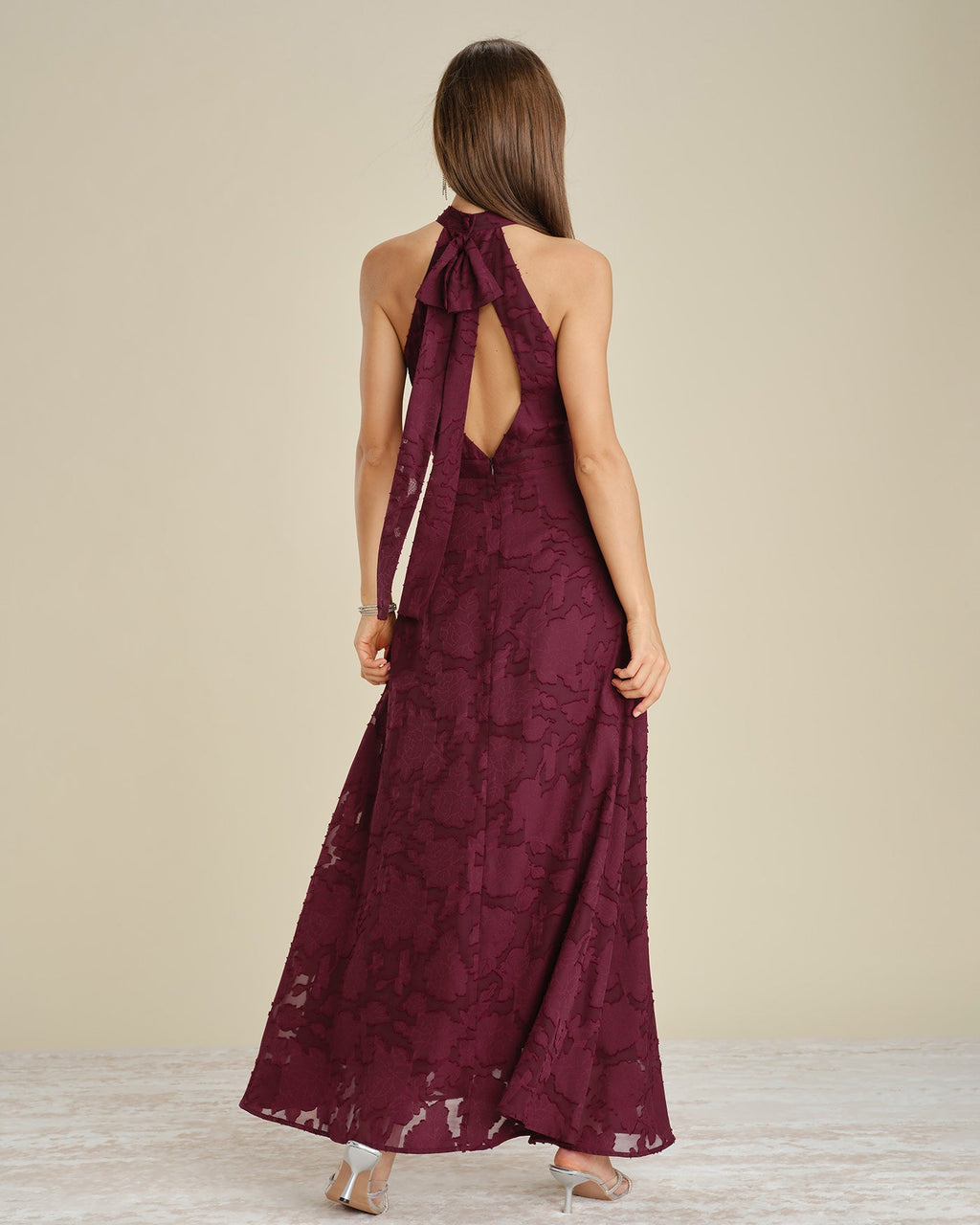 Wine Red Jacquard Maxi Dress with Mock Neck