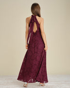 Wine Red Jacquard Maxi Dress with Mock Neck