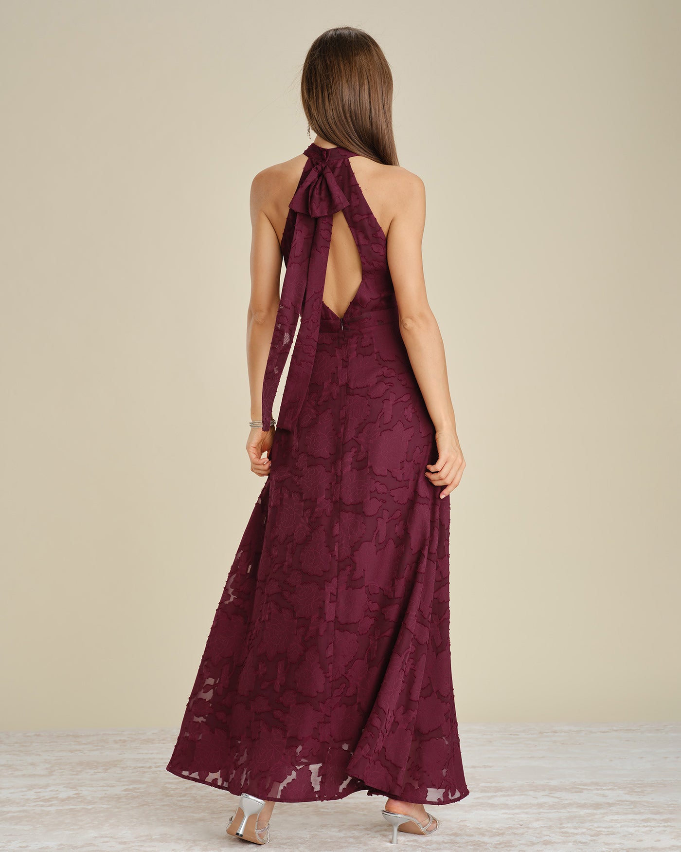 Wine Red Jacquard Maxi Dress with Mock Neck