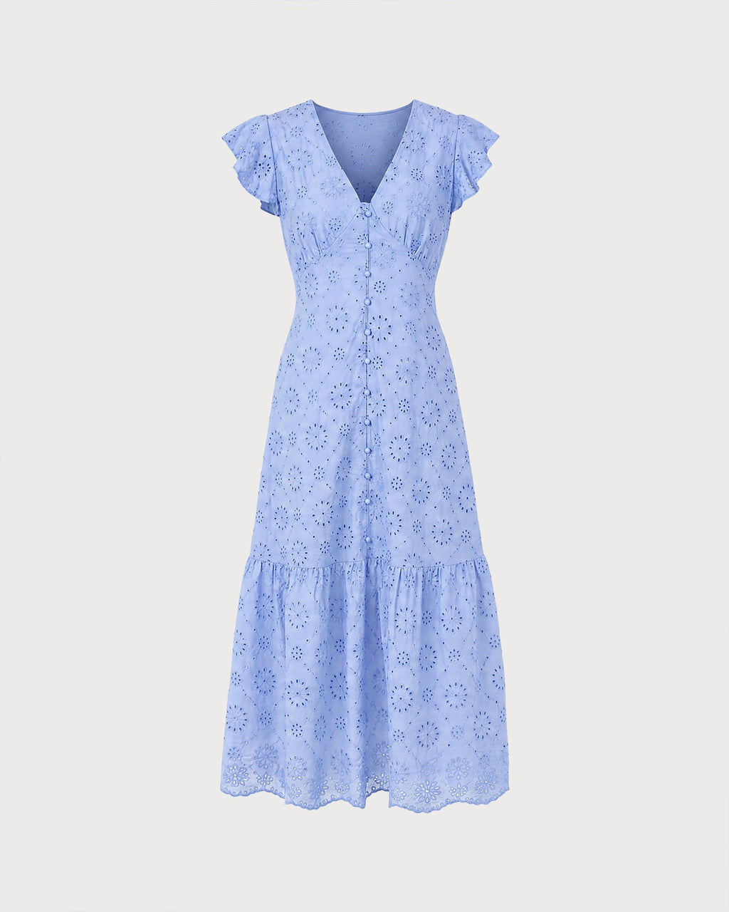Textured Blue Maxi Dress with V-Neck and Button Details