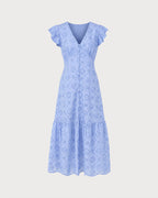 Textured Blue Maxi Dress with V-Neck and Button Details