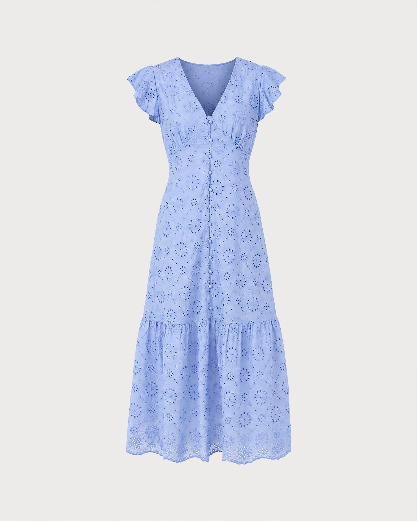 Textured Blue Maxi Dress with V-Neck and Button Details