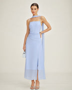 Chiffon Maxi Dress with Blue Cowl Neck and Straps