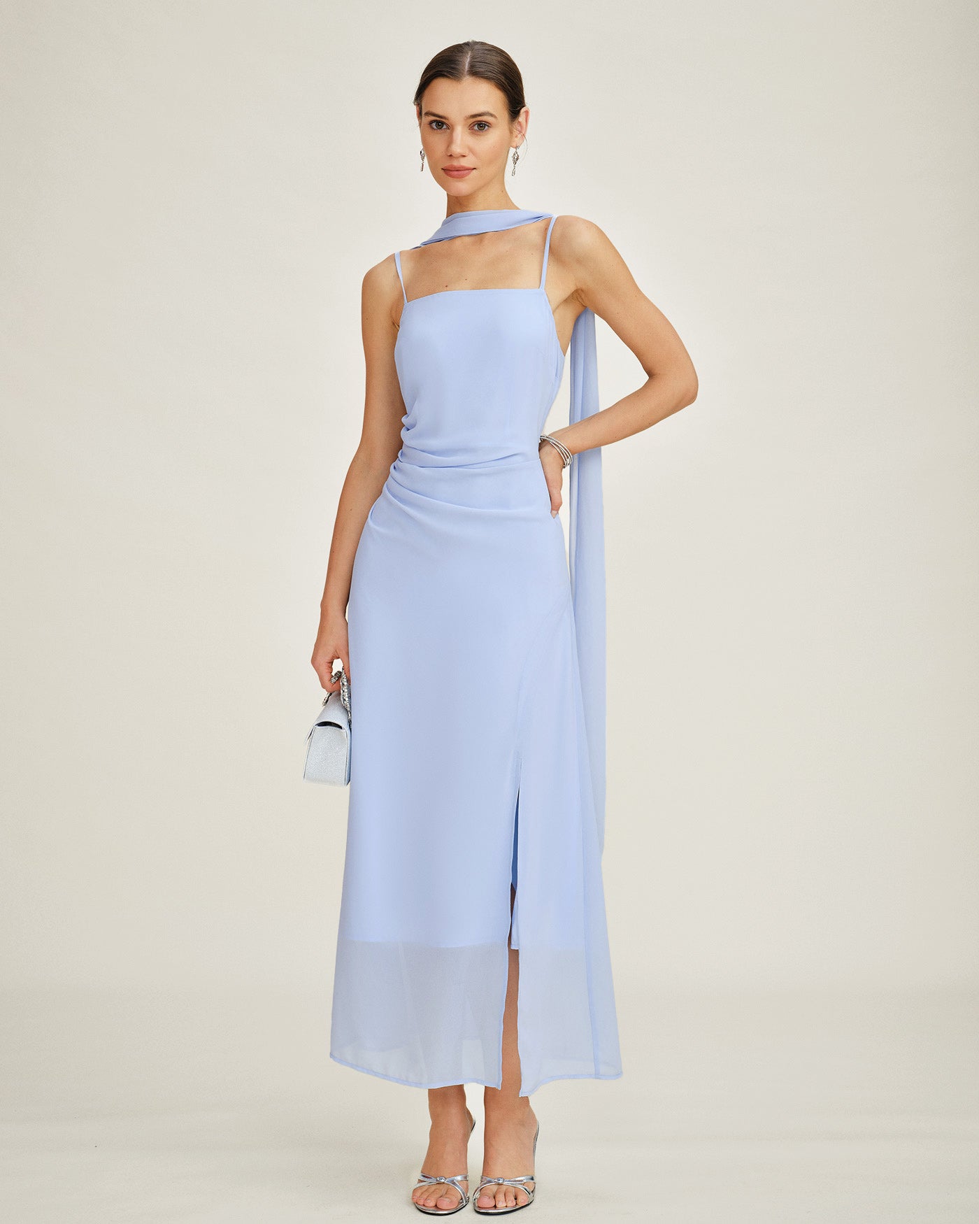 Chiffon Maxi Dress with Blue Cowl Neck and Straps