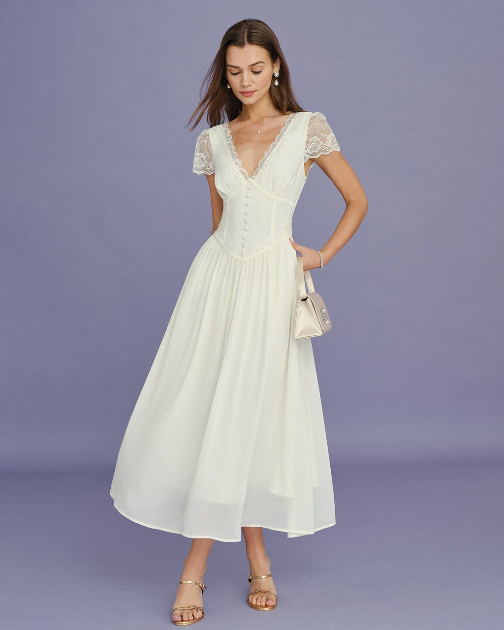 Maxi Dress with Apricot V-Neck and Lace Accents