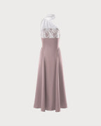 Maxi Dress with One Shoulder and Lace Detail in Pink