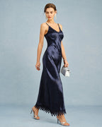 Navy Jacquard Lace Maxi Slip Dress