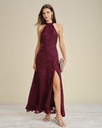 Wine Red Jacquard Maxi Dress with Mock Neck