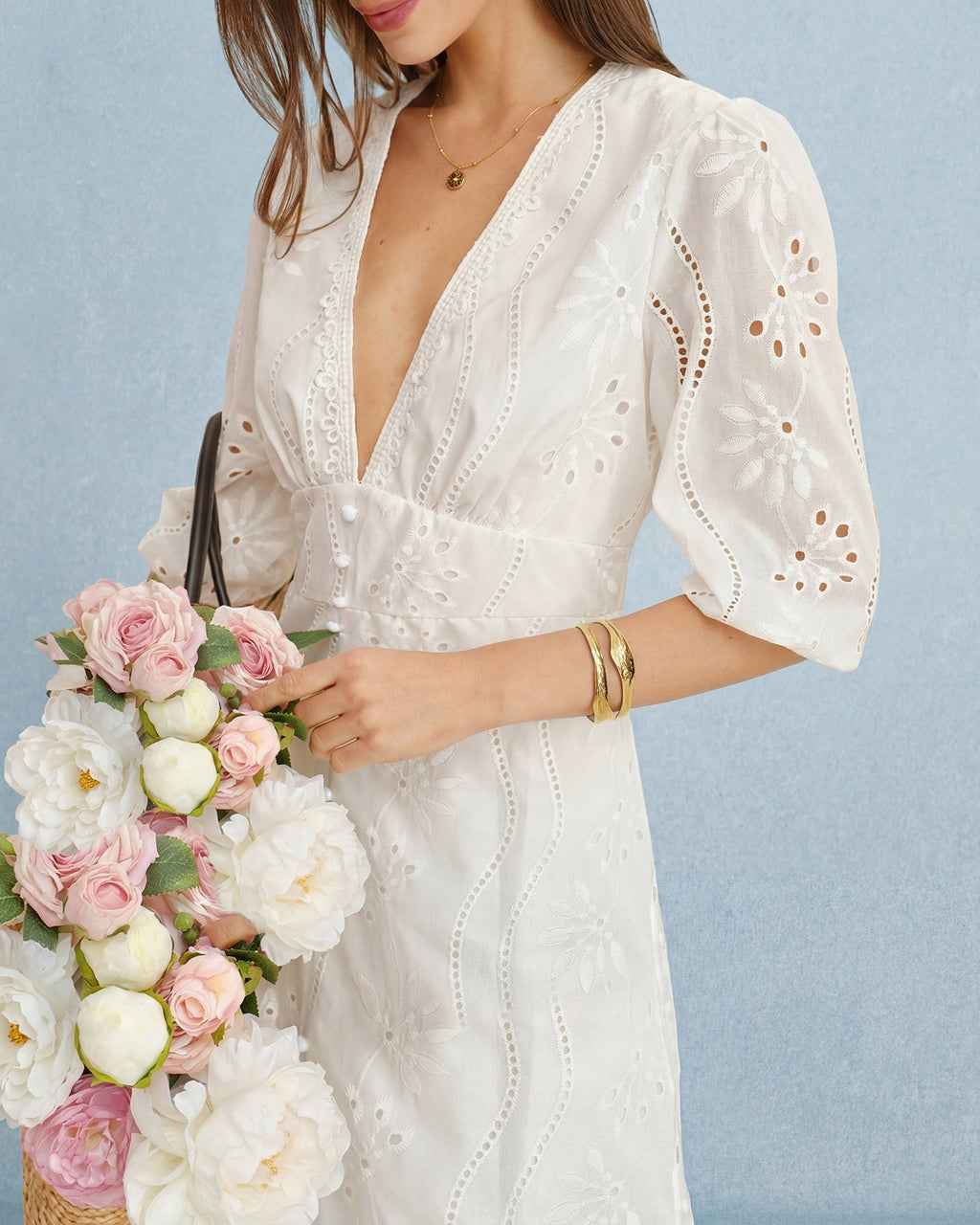 White V-Neck Cutout Maxi Dress