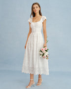 Maxi Dress with White Square Neck and Lace Floral Design