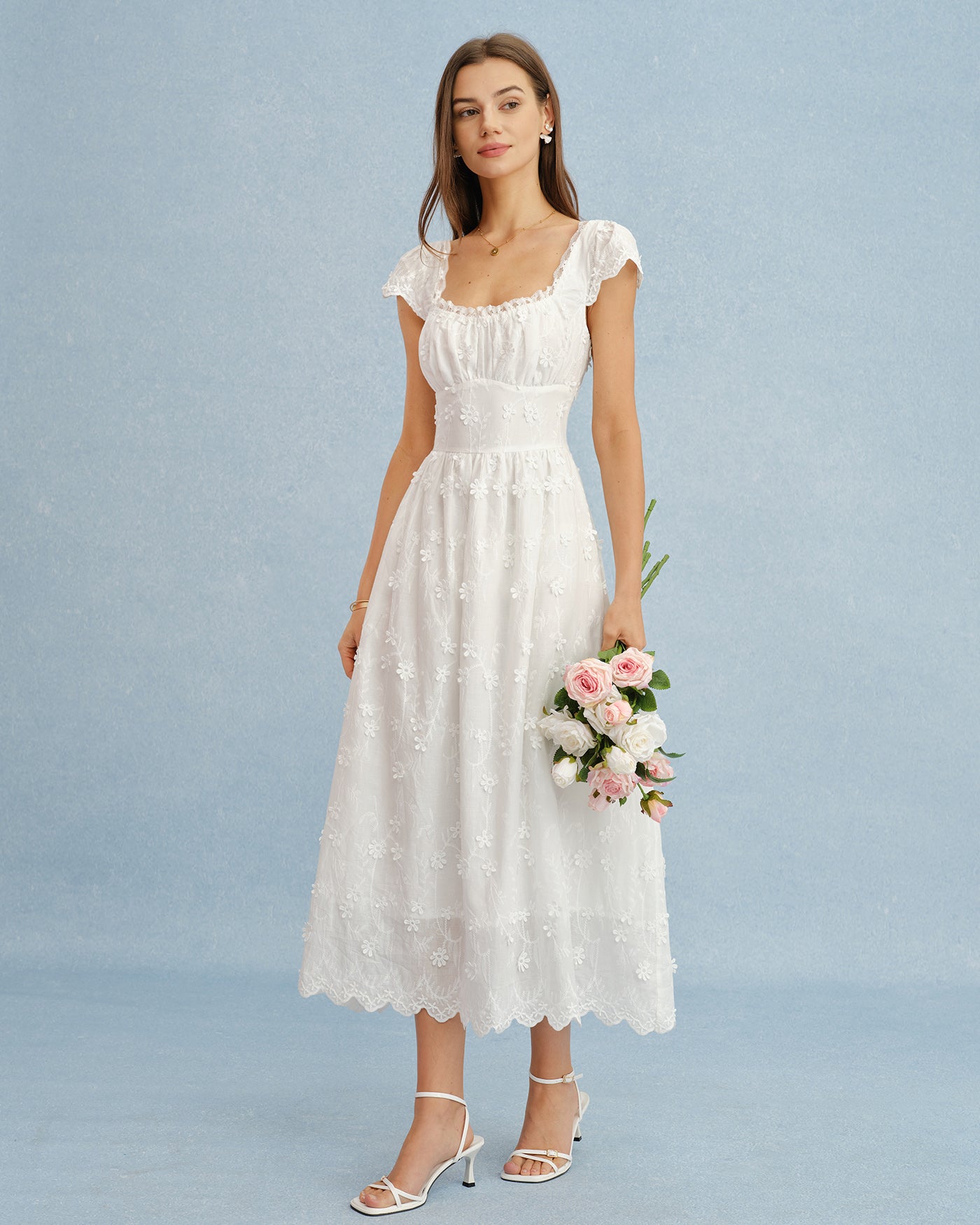 Maxi Dress with White Square Neck and Lace Floral Design