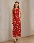 Floral Slit Maxi Dress with Red Boat Neck