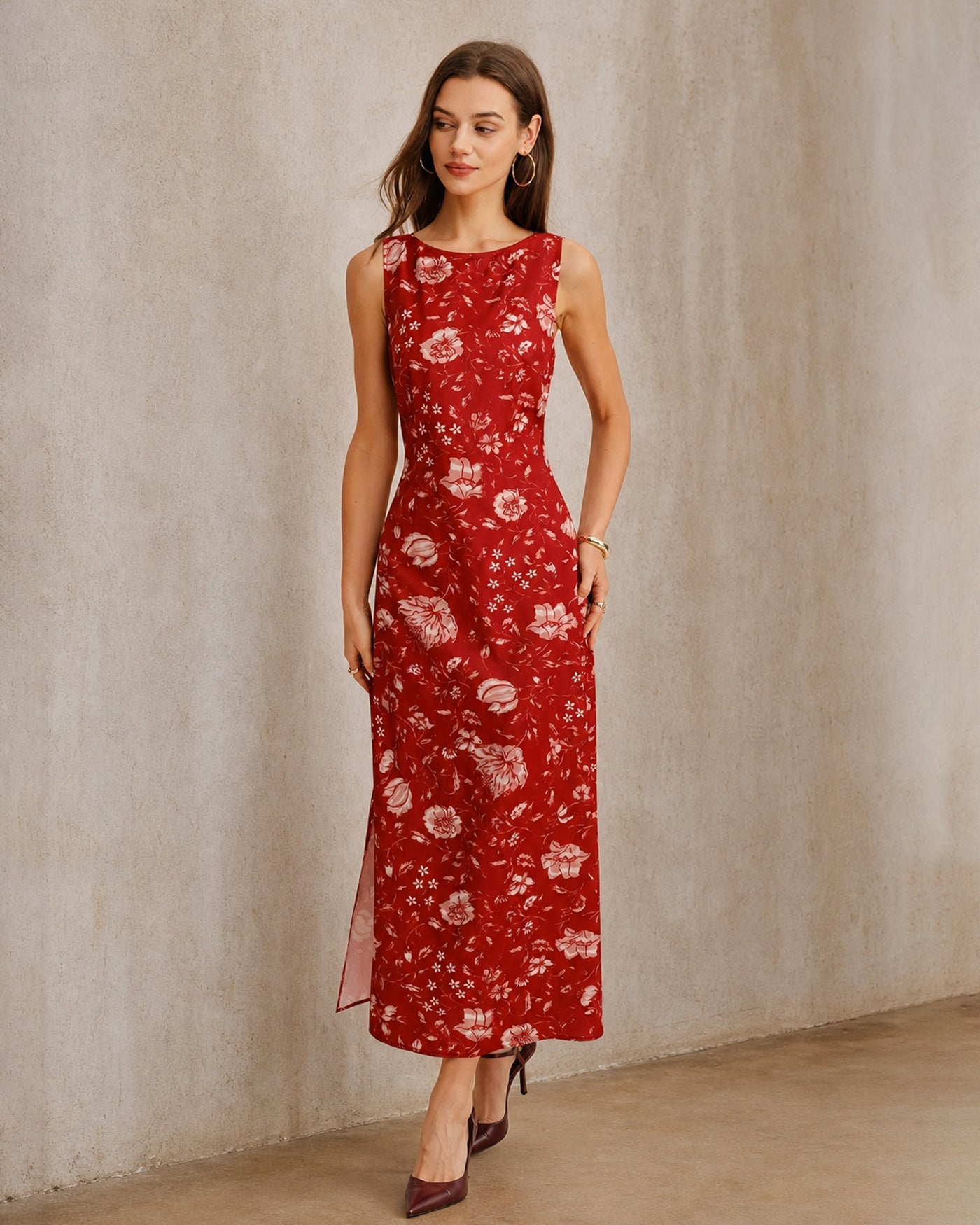 Floral Slit Maxi Dress with Red Boat Neck