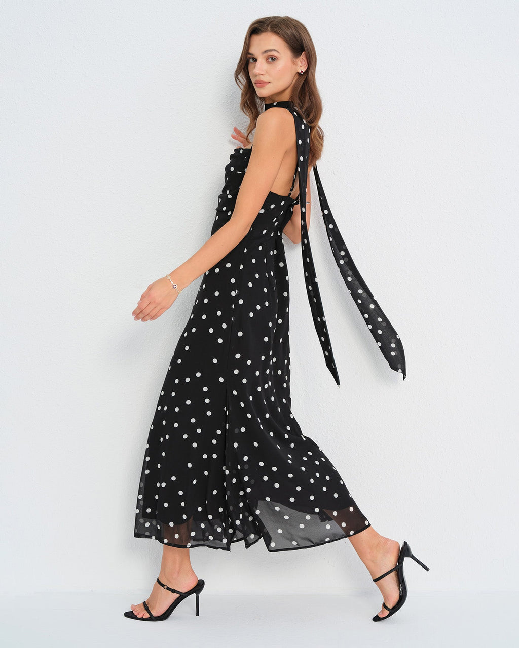 Maxi Dress with Black Polka Dots and Slip Design