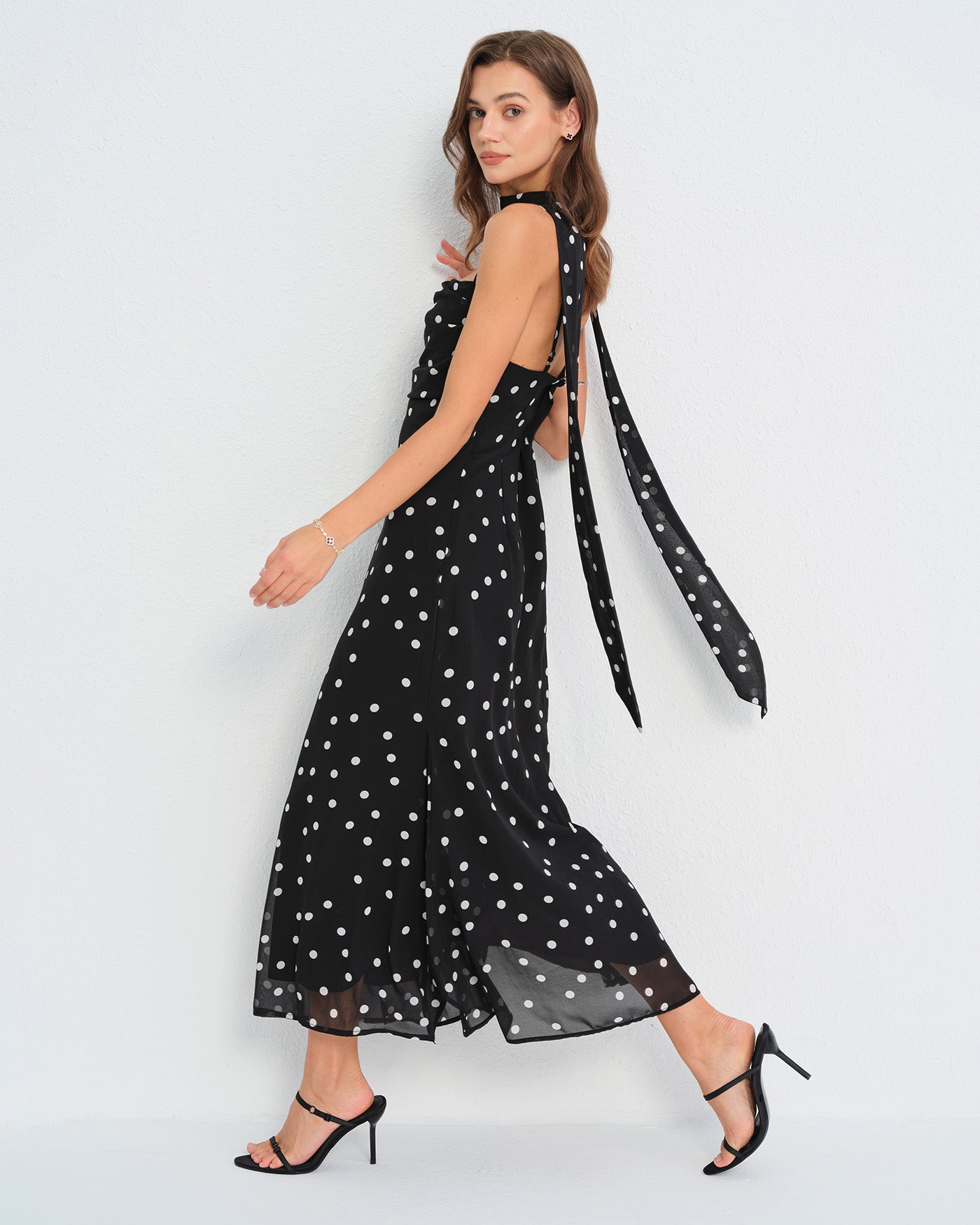 Maxi Dress with Black Polka Dots and Slip Design