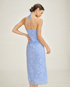 Blue Jacquard Halter Maxi Slip Dress