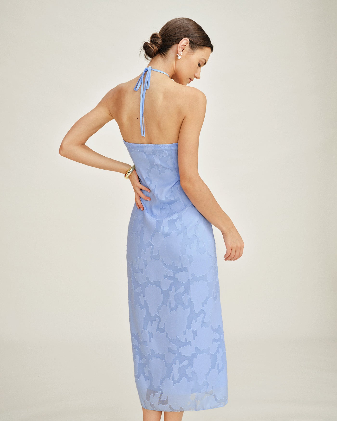 Blue Jacquard Halter Maxi Slip Dress