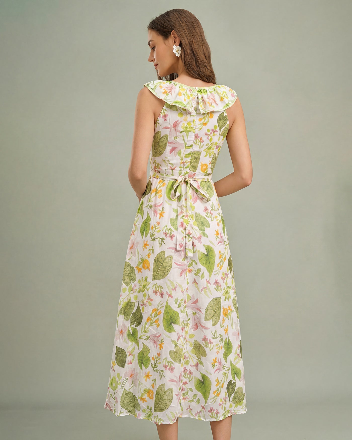 Maxi Dress with U Neckline in Green Plant Print