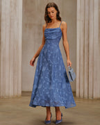 Ruched Maxi Dress in Blue Jacquard