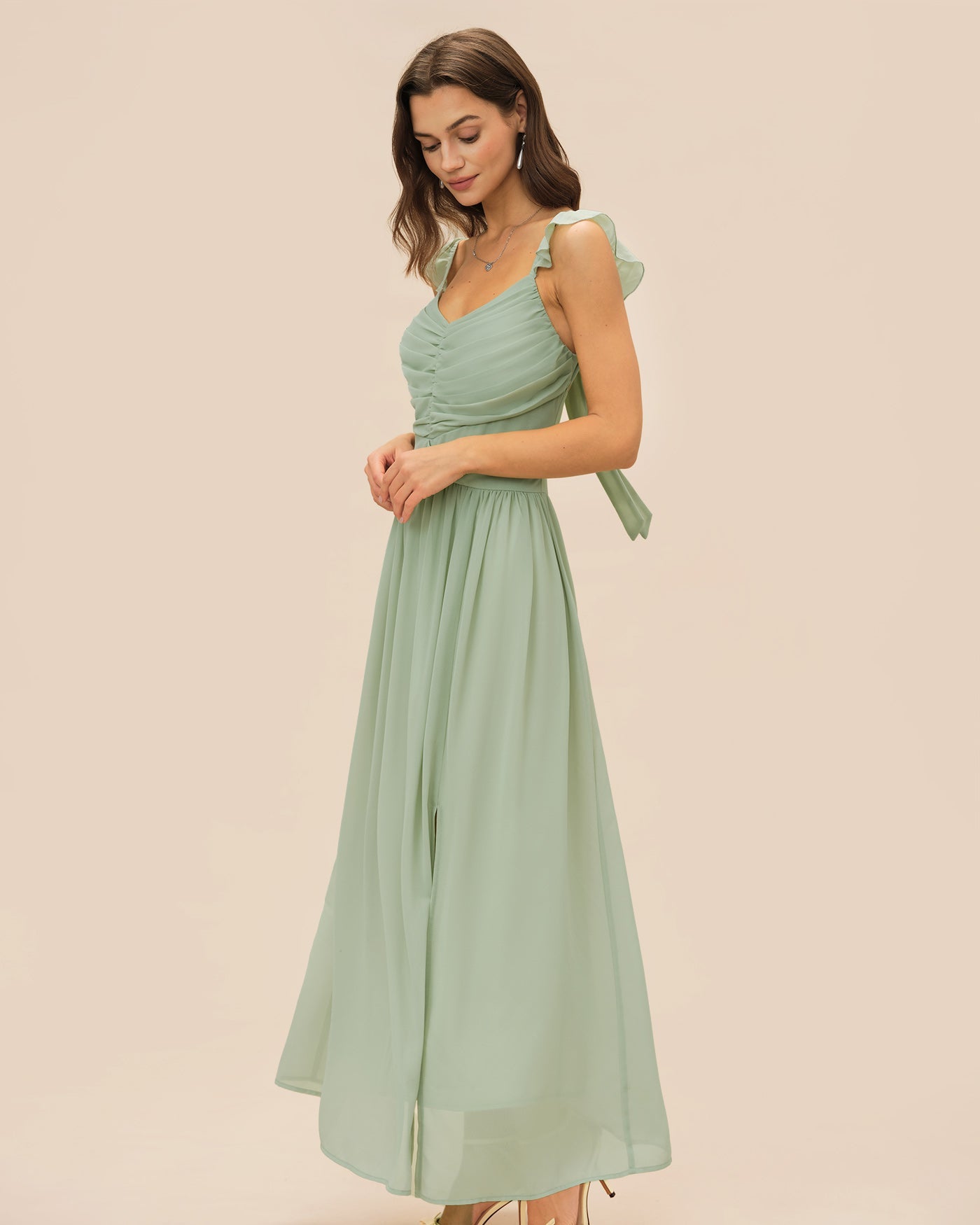 Maxi Dress with Ruffled V-Neck and Tie Detail in Green