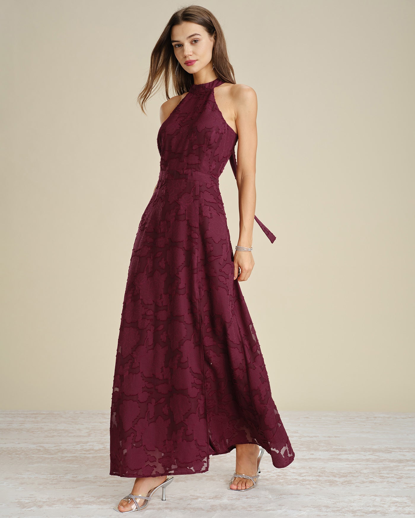 Wine Red Jacquard Maxi Dress with Mock Neck