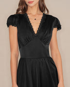 Maxi Dress with Black V-Neck and Lace Puffed Sleeves